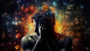 La imagen muestra a una persona en una pose introspectiva, con las manos cubriéndose parte de la cara, proyectando una sensación de angustia o confusión. La escena está acompañada de un fondo vibrante y dinámico que utiliza colores brillantes como el naranja y el azul. Estos colores parecen emanar desde la cabeza de la persona, dándole una sensación de explosión emocional o mental. Hay una fusión de elementos abstractos, como partículas de luz y líneas que sugieren movimiento y energía, lo que añade una sensación de caos o sobrecarga sensorial. El contraste entre la figura en tonos oscuros y el fondo luminoso resalta el enfoque en el estado emocional del individuo, transmitiendo una lucha interna o un momento de crisis personal.