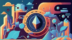 Esta imagen es una ilustración digital con un estilo futurista y abstracto. En el centro, destaca un símbolo geométrico con forma de diamante, que recuerda al logotipo de Ethereum, una plataforma de blockchain. Este símbolo está rodeado por un círculo grande con detalles tecnológicos que sugieren circuitos y conexiones. El fondo de la imagen presenta un paisaje con montañas, hojas, y nubes estilizadas. En la parte superior izquierda, hay una estructura que parece ser un edificio moderno o una estación de trabajo, y en la parte superior derecha, se observan aerogeneradores, lo que sugiere una referencia a la energía renovable.La ilustración evoca temas de tecnología, sostenibilidad, y el futuro de la energía y las criptomonedas.