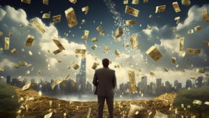 La imagen muestra a un hombre vestido con traje, de espaldas, observando un paisaje urbano en el horizonte, con altos rascacielos que se alzan bajo un cielo parcialmente nublado. Frente a él, se despliega una escena surrealista en la que billetes y bloques de dinero flotan y caen desde el cielo, llenando el aire a su alrededor. El suelo parece estar cubierto de una montaña de oro o riquezas, lo que sugiere abundancia, prosperidad o una metáfora del poder económico y la acumulación de riqueza. El contraste entre la figura solitaria y el espectáculo de dinero cayendo da una sensación de reflexión, ambición o un comentario sobre el valor del dinero y el éxito en un contexto moderno y urbano.