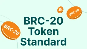 La imagen muestra un gráfico promocional sobre el estándar de tokens BRC-20. En el centro de la imagen, en un fondo de color verde claro, se encuentra el texto "BRC-20 Token Standard" escrito en letras grandes y oscuras. Alrededor del texto, hay representaciones de monedas naranjas, algunas con el símbolo de Bitcoin (₿) y otras con la inscripción "BRC-20".