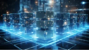 La imagen muestra una representación digital de cubos translúcidos y luminosos apilados, conectados en un entorno tecnológico y futurista. Los cubos están rodeados por líneas brillantes y un suelo geométrico que parece formar parte de una red o infraestructura virtual. Hay destellos y partículas de luz que refuerzan el aspecto digital, evocando conceptos como blockchain, almacenamiento de datos o sistemas descentralizados. El fondo es oscuro, lo que resalta los tonos azules y la iluminación tecnológica de la escena