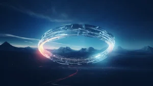 La imagen muestra un anillo futurista flotante y luminoso, compuesto por fragmentos digitales que parecen formar una estructura tecnológica avanzada. El anillo está suspendido sobre un paisaje montañoso y bajo un cielo oscuro con tonalidades azules profundas. Hay destellos de luz y líneas de energía que añaden un efecto dinámico y tecnológico. El ambiente evoca una sensación de ciencia ficción, innovación y un mundo interconectado.