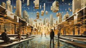 La imagen muestra una escena futurista en un entorno urbano con rascacielos de aspecto moderno. Los edificios parecen flotar en el aire, como si estuvieran suspendidos en bloques sobre una plataforma elevada. El cielo es azul con tonos dorados que se reflejan en las estructuras arquitectónicas, lo que da una sensación de irrealidad o virtualidad. El suelo parece un espejo, reflejando la ciudad de manera abstracta, y varias figuras humanas caminan o se sientan en el espacio, observando o interactuando con el ambiente surrealista. Hay un uso prominente de líneas geométricas y patrones que parecen representar una ciudad digitalizada o una representación simbólica del futuro de la urbanización o la tecnología.