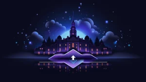 La imagen muestra una estructura de un edificio majestuoso, que parece un castillo o una institución histórica. El edificio tiene una torre alta en el centro, iluminada en tonos morados y azules oscuros. Está rodeado de un paisaje con árboles y nubes, con un cielo estrellado lleno de puntos brillantes que crean un ambiente nocturno, casi místico. En la parte inferior central de la imagen, hay un símbolo de flecha apuntando hacia arriba, colocado sobre una forma geométrica, lo que sugiere una interfaz o un elemento interactivo en un contexto digital o gráfico. El reflejo del edificio se proyecta en una superficie espejada, como un lago, añadiendo simetría a la composición. El estilo es futurista y elegante, con un énfasis en colores brillantes en contraste con el fondo oscuro.