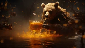 La imagen muestra un oso en un entorno oscuro, posiblemente un bosque, iluminado por una luz cálida y tenue. El oso está sosteniendo una gran taza llena de un líquido dorado, que parece ser miel. La miel está salpicando alrededor de la taza, creando un efecto brillante y mágico. Alrededor del oso y la taza hay hojas caídas, también iluminadas por la luz cálida, lo que añade un toque otoñal y un ambiente de fantasía.