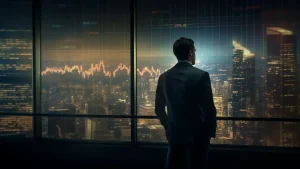 La imagen muestra a un hombre de espaldas, vistiendo un traje oscuro, de pie frente a una ventana de un rascacielos. Desde la ventana se observa una vista panorámica de una ciudad iluminada por la noche. En el cristal de la ventana se proyecta un gráfico de líneas, representando probablemente datos financieros o del mercado de valores. La escena sugiere un ambiente corporativo y un momento de contemplación o análisis por parte del hombre. Las luces de los edificios y la ciudad crean un contraste interesante con el interior oscuro de la habitación.