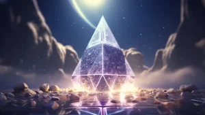 La imagen muestra una pirámide transparente y brillante situada en un paisaje surrealista. La pirámide parece estar hecha de un material cristalino que refleja y refracta la luz de manera espectacular. A su alrededor, hay un terreno cubierto de pequeñas rocas, y el suelo parece ser una superficie reflectante, quizás de cristal o agua. En el fondo, se pueden ver formaciones rocosas imponentes bajo un cielo nocturno estrellado, con un planeta o luna brillante en el horizonte. La atmósfera es mística y futurista, con un halo de luz dorada y efectos de brillo que enfatizan la pirámide como el punto focal de la escena.