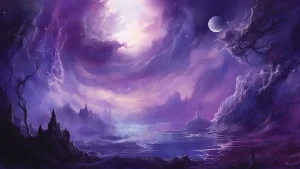 La imagen muestra un paisaje surrealista y fantástico dominado por tonos morados y violetas. El cielo está lleno de nubes etéreas y luminosas, con un aspecto casi galáctico, creando un ambiente misterioso y mágico. En el horizonte, se pueden ver formaciones rocosas puntiagudas y montañas que emergen de una vasta extensión de agua o niebla. A la derecha, hay árboles retorcidos y ramas oscuras que añaden un toque sombrío al entorno. Una luna brillante cuelga en el cielo nocturno, mientras pequeñas estrellas salpican el firmamento, aportando un aire de serenidad cósmica. El paisaje refleja una mezcla de belleza y misterio, evocando un mundo de fantasía y ensueño.