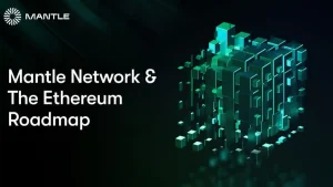 La imagen tiene un fondo oscuro con un diseño gráfico de bloques o cubos en tonos de verde y azul, que se agrupan para formar una estructura tridimensional que parece un cubo más grande. En la parte superior izquierda, hay un logotipo que parece un sol estilizado con líneas radiantes, junto a la palabra "MANTLE" en letras mayúsculas. Debajo del logotipo, el texto dice "Mantle Network & The Ethereum Roadmap" en letras grandes y blancas. La imagen sugiere un enfoque tecnológico, posiblemente relacionado con blockchain o redes descentralizadas, dada la mención de Ethereum.
