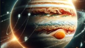 La imagen muestra un planeta similar a Júpiter con sus características distintivas como bandas de nubes de diferentes colores y la Gran Mancha Roja visible en la parte inferior derecha. Alrededor del planeta, se pueden observar varios símbolos y objetos luminosos que parecen representar satélites o sondas espaciales en órbita. El planeta está iluminado por una fuente de luz intensa desde la parte superior derecha, creando un efecto de resplandor. El fondo está lleno de estrellas, lo que sugiere que el planeta está en el espacio profundo.