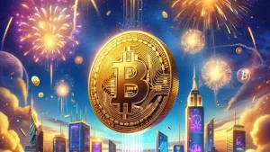 La imagen muestra una gran moneda de Bitcoin dorada flotando en el cielo nocturno, rodeada de fuegos artificiales. La moneda tiene el símbolo de Bitcoin claramente visible en el centro. En el fondo, se puede ver un paisaje urbano futurista con rascacielos iluminados y pantallas electrónicas brillantes. También se aprecian otros elementos como una estatua de la libertad y varios planetas o lunas en el cielo, lo que le da un aspecto cósmico y festivo a la escena. La atmósfera general es de celebración y tecnología avanzada.