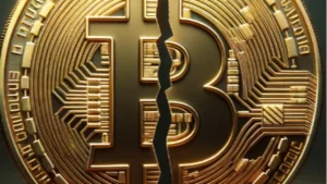 En la imagen se ve un simbolo de bitcoin grande partido por la mitad, representando el halving de bitcoin