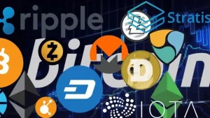 La imagen muestra varios logotipos de criptomonedas superpuestos en un fondo oscuro que parece representar gráficos financieros. Algunos de los logotipos identificables son: Bitcoin (representado por una "B" naranja y blanca). Ethereum (un logotipo gris con forma de diamante). Ripple (logotipo azul). Litecoin (logotipo gris claro). Dash (logotipo azul claro). Monero (logotipo con una "M" en negro y naranja). Dogecoin (logotipo con una "D" dorada). Zcash (logotipo con una "Z" negra y dorada). IOTA (logotipo con puntos blancos en un fondo oscuro). Stratis (logotipo con líneas blancas y azules). NEM (logotipo con forma de escudo en colores azul, verde y dorado). En el fondo, se observa una representación de gráficos financieros, probablemente para simbolizar el mercado de criptomonedas.