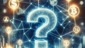 La imagen muestra un gran signo de interrogación brillante en el centro, compuesto por un patrón de puntos luminosos interconectados, lo que le da una apariencia futurista y tecnológica. Alrededor del signo de interrogación, hay varios símbolos financieros y de criptomonedas, como el dólar ($), el Bitcoin (₿), y otros íconos relacionados con economía digital. Estos símbolos están conectados por líneas que forman una red, sugiriendo una interconexión entre diferentes sistemas financieros y digitales. En el fondo, se pueden ver números y gráficos, posiblemente indicadores de datos financieros o de mercado, junto con siluetas de edificios, lo que añade un contexto urbano y económico a la imagen. La combinación de estos elementos crea una sensación de incertidumbre y exploración en el mundo de las finanzas y las criptomonedas, destacando la complejidad y la interdependencia de los sistemas económicos modernos. La iluminación y los colores azulados y dorados aportan un aire de modernidad y dinamismo.