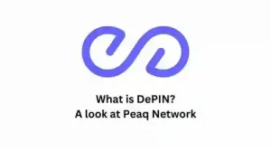 La imagen muestra un logotipo de color azul en la parte superior, que parece un símbolo de infinito estilizado. Debajo del logotipo, hay un texto que dice: "What is DePIN? A look at Peaq Network". El fondo es blanco y el texto es de color negro.
