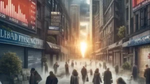 La imagen muestra una calle urbana en lo que parece ser un entorno post-apocalíptico o distópico. Los edificios a ambos lados de la calle están desgastados y tienen letreros en un idioma que no es legible claramente, lo que sugiere un posible colapso económico o social. Hay gráficos de barras en pantallas grandes, que podrían ser indicadores financieros, mostrando datos en rojo, lo que usualmente indica una situación negativa en los mercados.En general, la escena transmite una sensación de deterioro, incertidumbre y cambio, con una atmósfera que mezcla desesperación y esperanza.