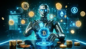 La imagen muestra una escena futurista donde una inteligencia artificial está generando criptomonedas. En primer plano, se ve un robot humanoide con ojos brillantes y características metálicas y elegantes, sentado frente a una consola de alta tecnología. En la consola hay pantallas holográficas que muestran símbolos de varias criptomonedas, como Bitcoin y Ethereum. Las manos del robot están manipulando monedas virtuales y flujos de datos que flotan en el aire a su alrededor. En el fondo, se aprecia un paisaje digital con circuitos y código binario, enfatizando el entorno tecnológico. La atmósfera general es dinámica y resplandeciente, con una mezcla de luces neón azules y verdes que destacan la escena.
