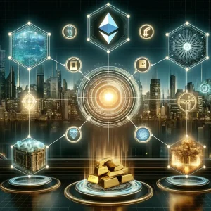 La imagen muestra un paisaje urbano futurista con una serie de elementos tecnológicos y financieros flotando en el aire, interconectados por líneas brillantes. En el centro destaca un símbolo de Ethereum, rodeado por diversos íconos que representan tecnologías, criptomonedas, datos y otros activos digitales. Hay una pila de lingotes de oro en una plataforma, representando la riqueza tradicional, y un edificio que parece una institución financiera, sugiriendo la intersección entre las finanzas tradicionales y las digitales. Todo el conjunto está envuelto en un ambiente digital y tecnológico, con una ciudad moderna de fondo, enfatizando la integración de la tecnología blockchain en el mundo financiero.