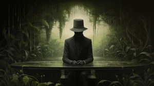 La imagen muestra una figura enigmática sentada en una mesa de aspecto elegante en medio de una densa vegetación. El entorno está cubierto de plantas y enredaderas, con un ambiente sombrío y misterioso que sugiere una selva o bosque profundo. La figura está vestida completamente de negro, incluyendo un sombrero de ala ancha que oculta su rostro, lo que aumenta el aire de misterio. La escena está iluminada de manera tenue, creando un contraste entre la oscuridad del traje de la figura y el verdor circundante, con un rayo de luz suave que se filtra a través del follaje en el fondo, aportando un toque de surrealismo.