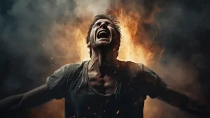 La imagen muestra a un hombre gritando con expresión de dolor o desesperación, sus brazos están extendidos hacia los lados. El fondo está lleno de llamas y humo, creando un efecto dramático e intenso. El hombre está vestido con una camiseta gris que parece mojada o sucia, y su rostro está contorsionado por la emoción. La iluminación resalta su figura y el fuego detrás de él, añadiendo un ambiente caótico y apocalíptico a la escena.