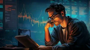 La imagen muestra a un hombre joven, con gafas y cabello oscuro, concentrado en la lectura de un libro o un documento mientras está sentado frente a una pantalla de computadora. El entorno sugiere un ambiente tecnológico o de oficina, con múltiples pantallas en el fondo que muestran gráficos, códigos y datos. La luz tenue y el resplandor de las pantallas iluminan su rostro, creando un ambiente de enfoque y reflexión. Los gráficos y datos en las pantallas sugieren que está trabajando en análisis financieros, programación o algún tipo de investigación técnica.